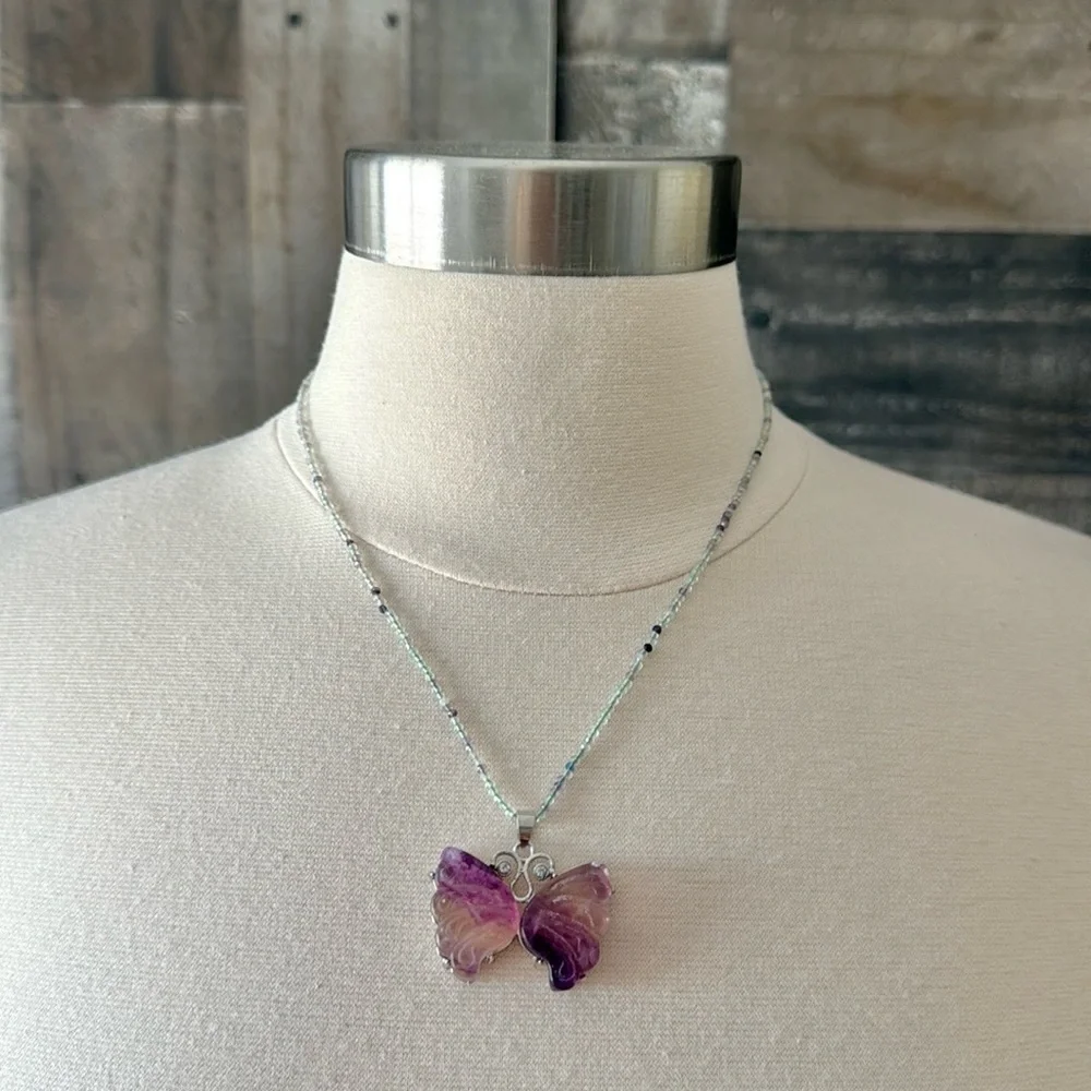Handmade fluorite gemstone beaded necklace butterfly 18 inch elegant festival